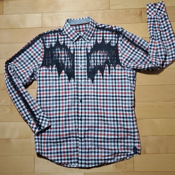 The Scarecrow, a red, orange, black & white cotton  checkered button-down shirt - Picture 8 of 15